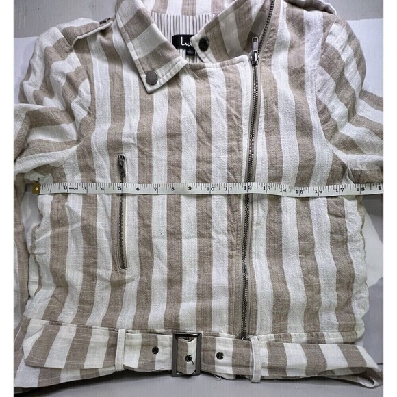 Lulu’s Vacation Signature Taupe and Ivory Striped Belted Moto Jacket Large - Picture 11 of 16